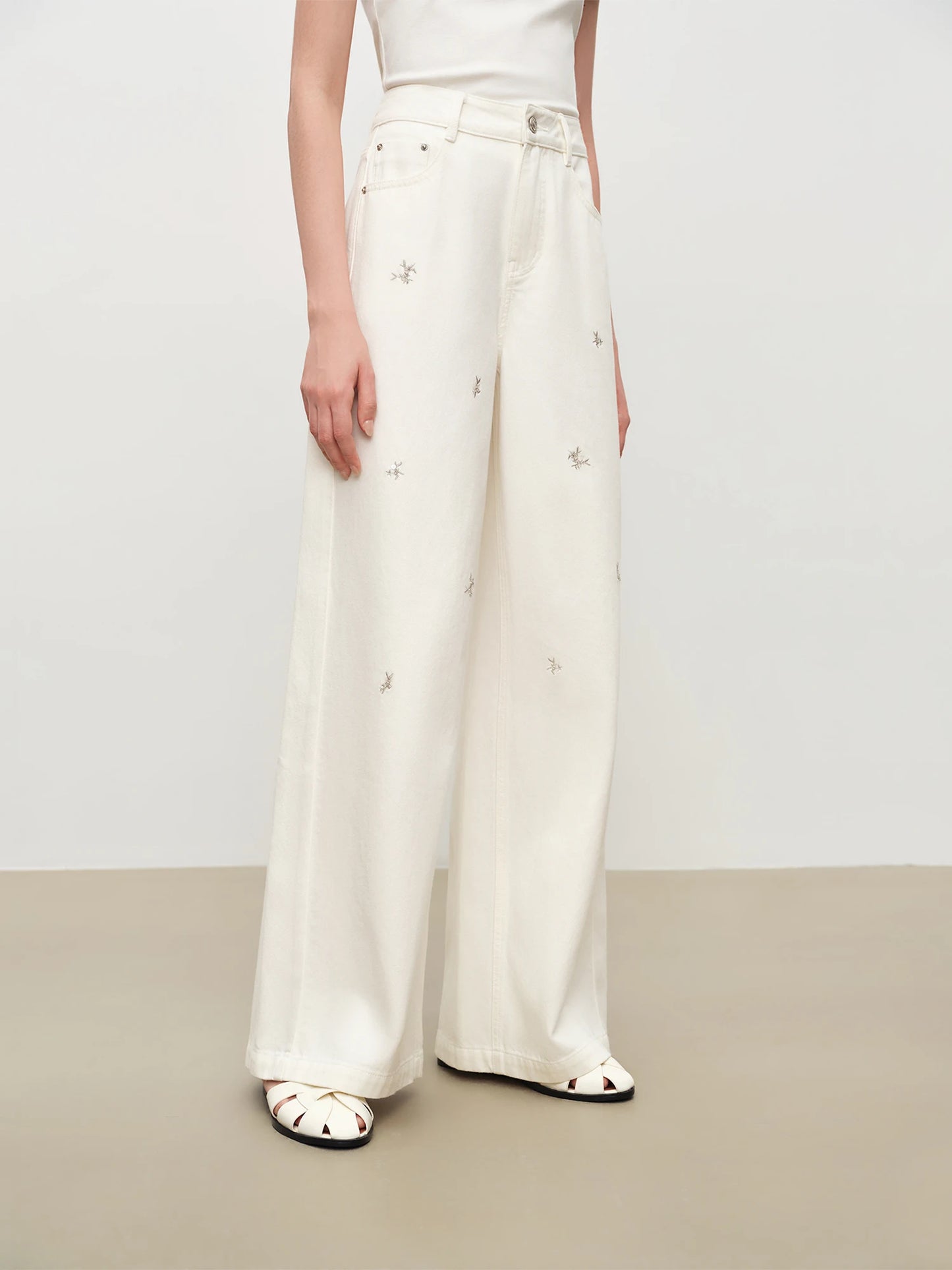 Light Blue Embroidered Wide Jeans