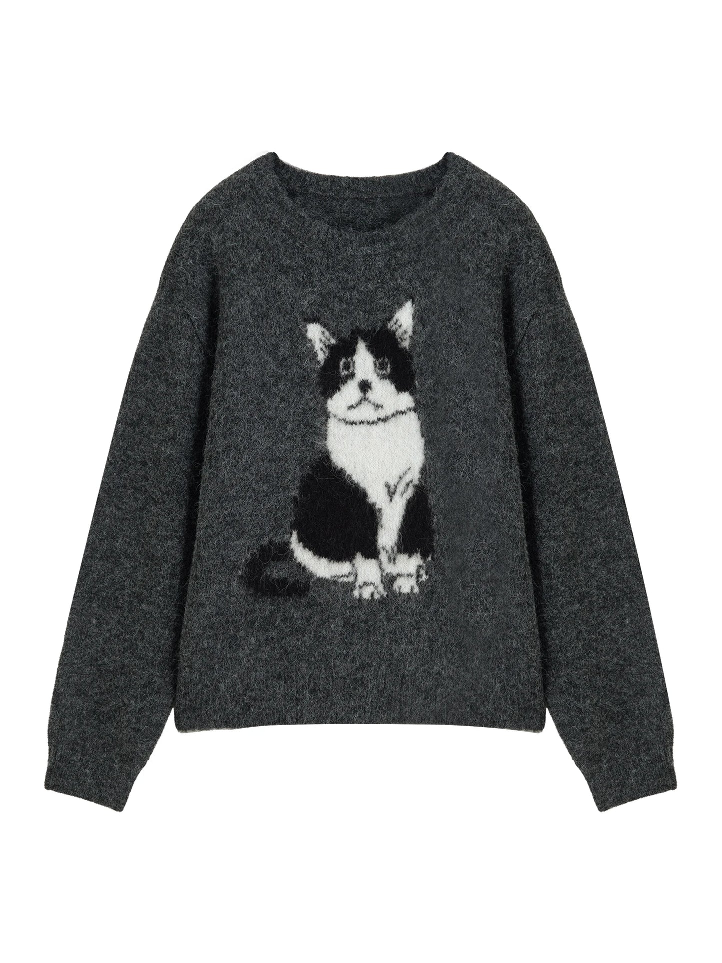 Charcoal Cat Jacquard Crew Sweater