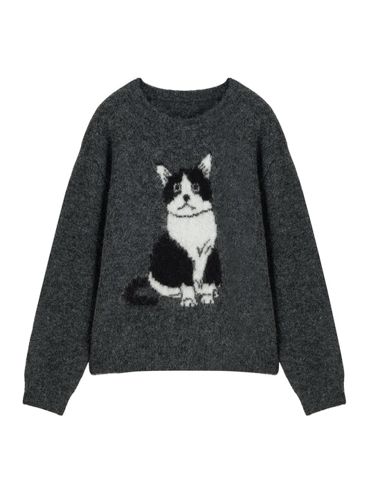 Charcoal Cat Jacquard Crew Sweater