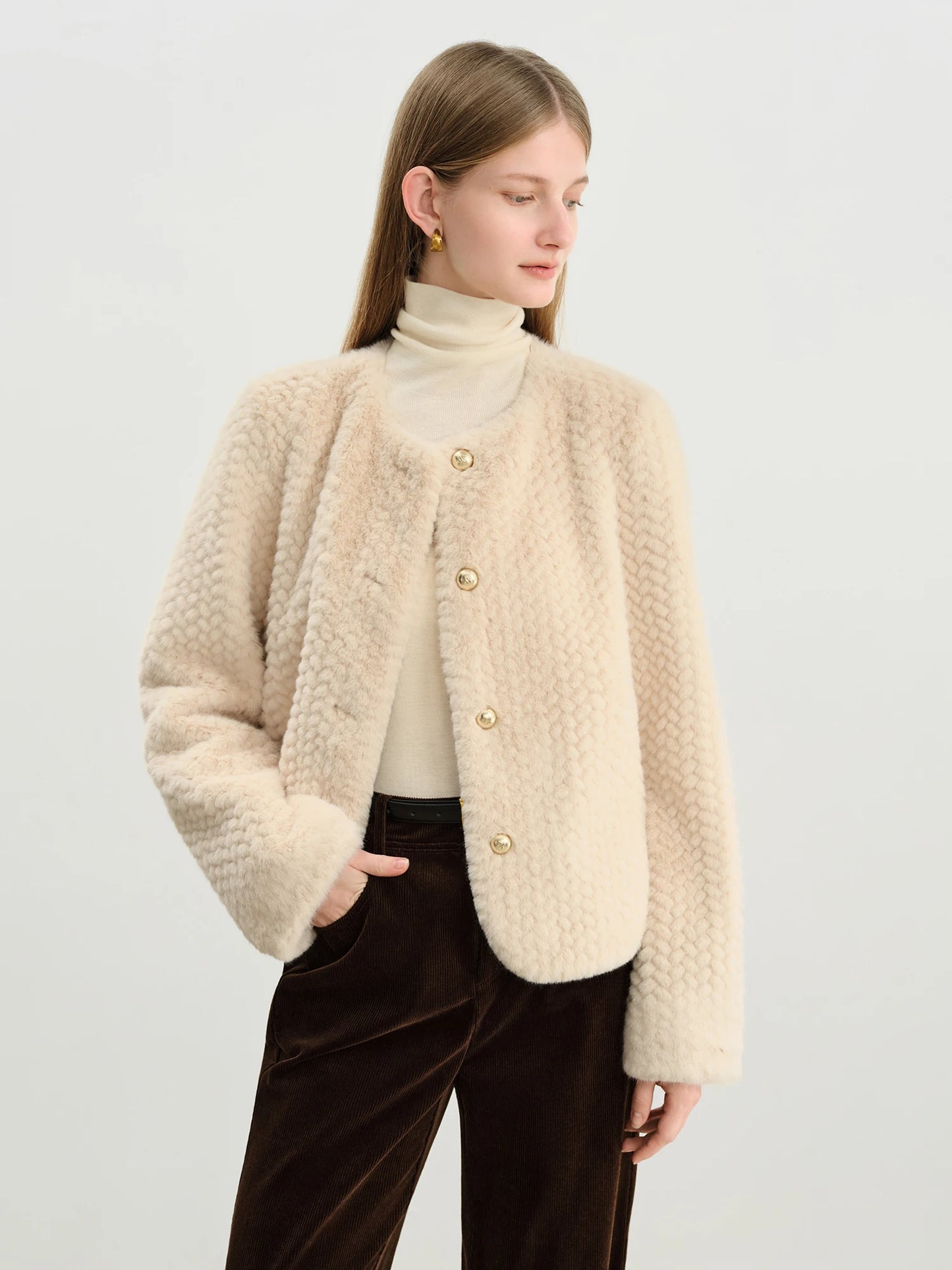 Ivory Textured Faux Fur Jacket