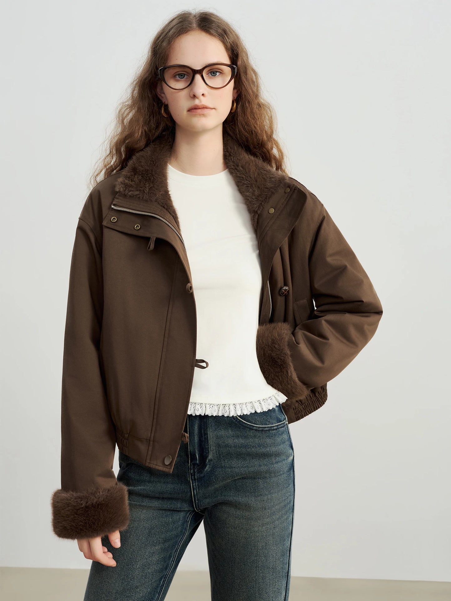 Brown Fur Trim Bomber Jacket