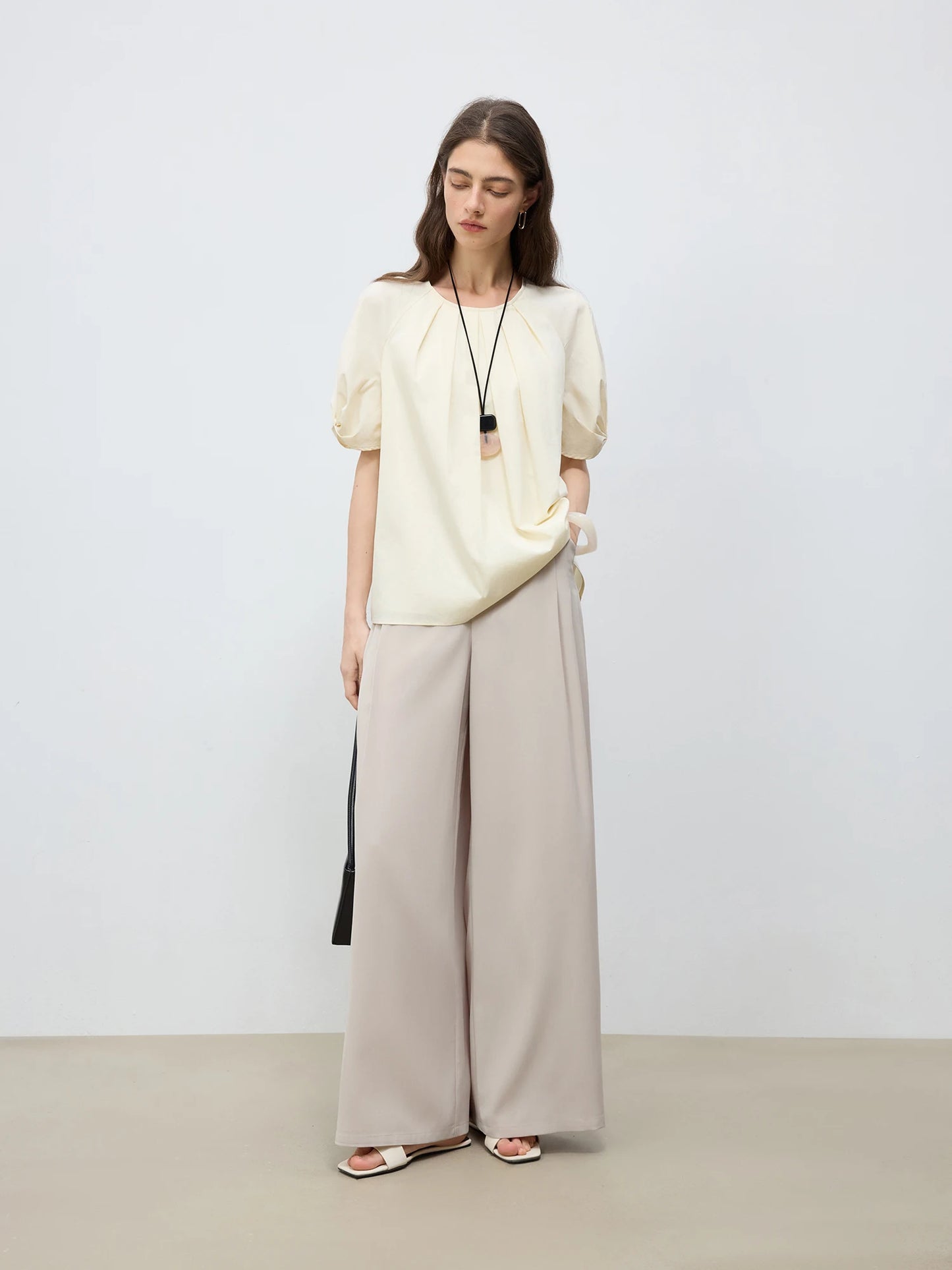 Blue Pleated Puff Sleeve Blouse