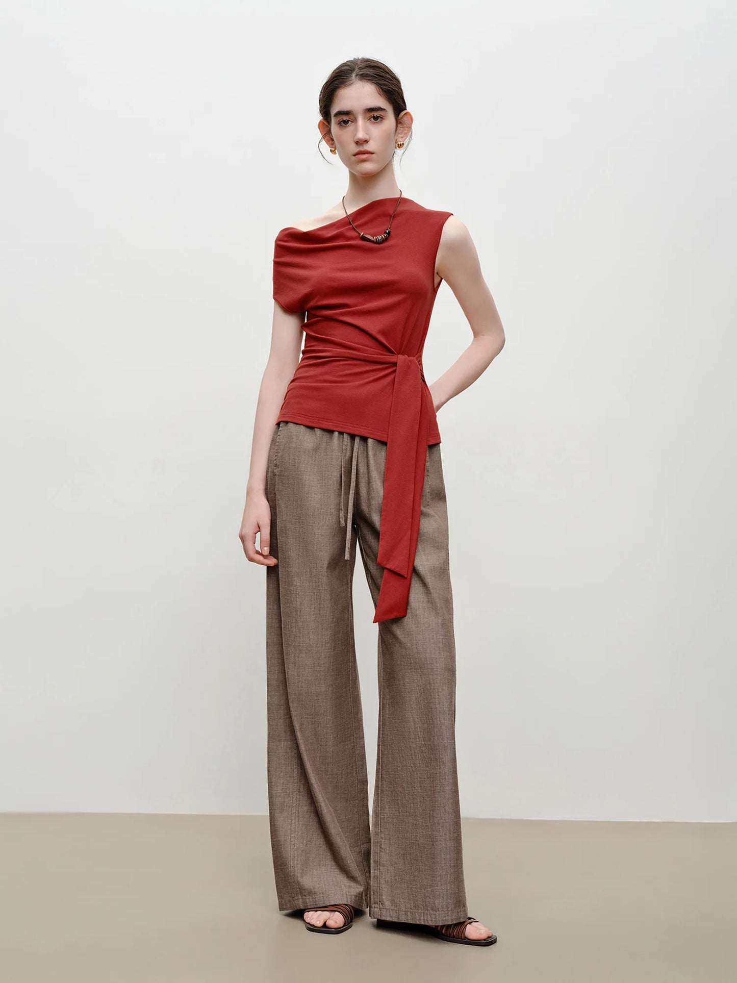 Brown Linen Drawstring Wide Pants