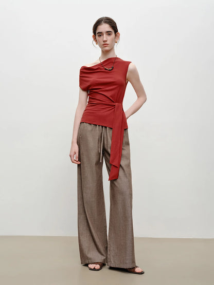 Brown Linen Drawstring Wide Pants