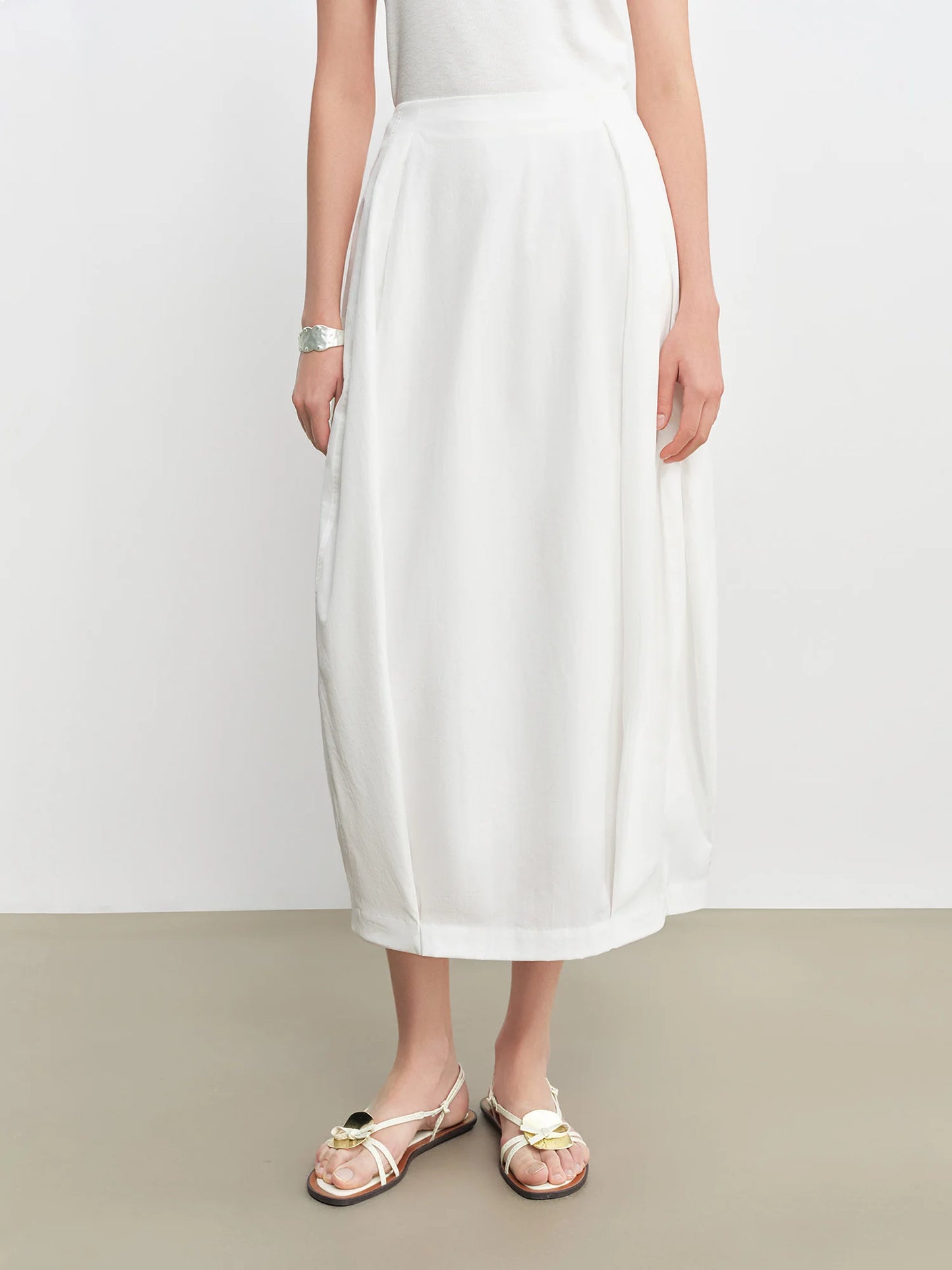 White Sculptural A-Line Midi Skirt
