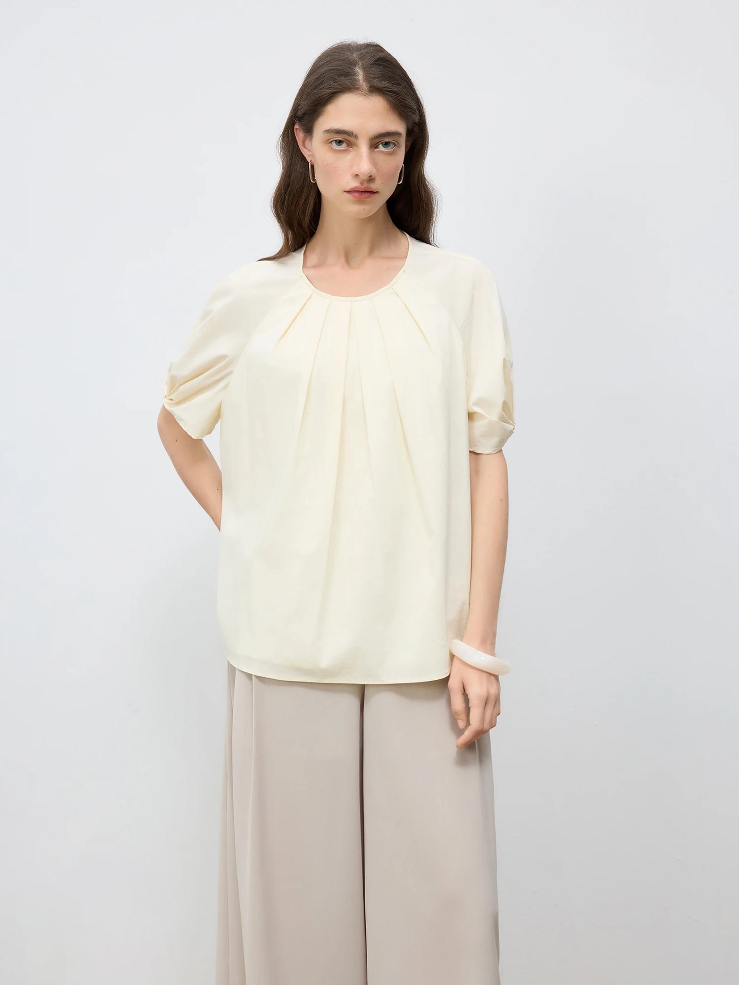 Blue Pleated Puff Sleeve Blouse
