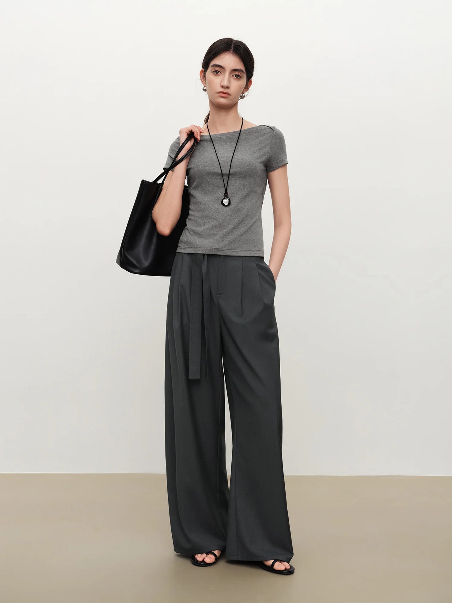 Charcoal Belted Wide Leg Trousers