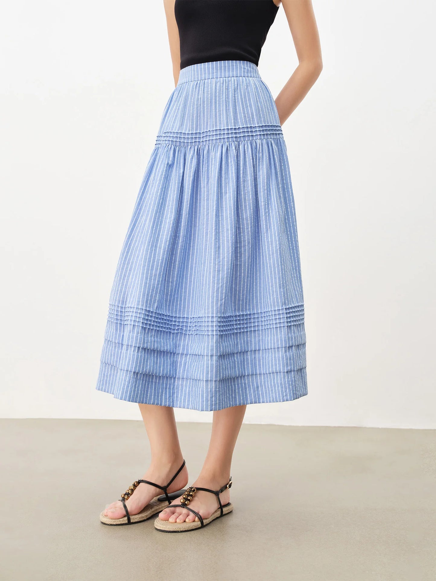 Blue Striped Tiered Midi Skirt