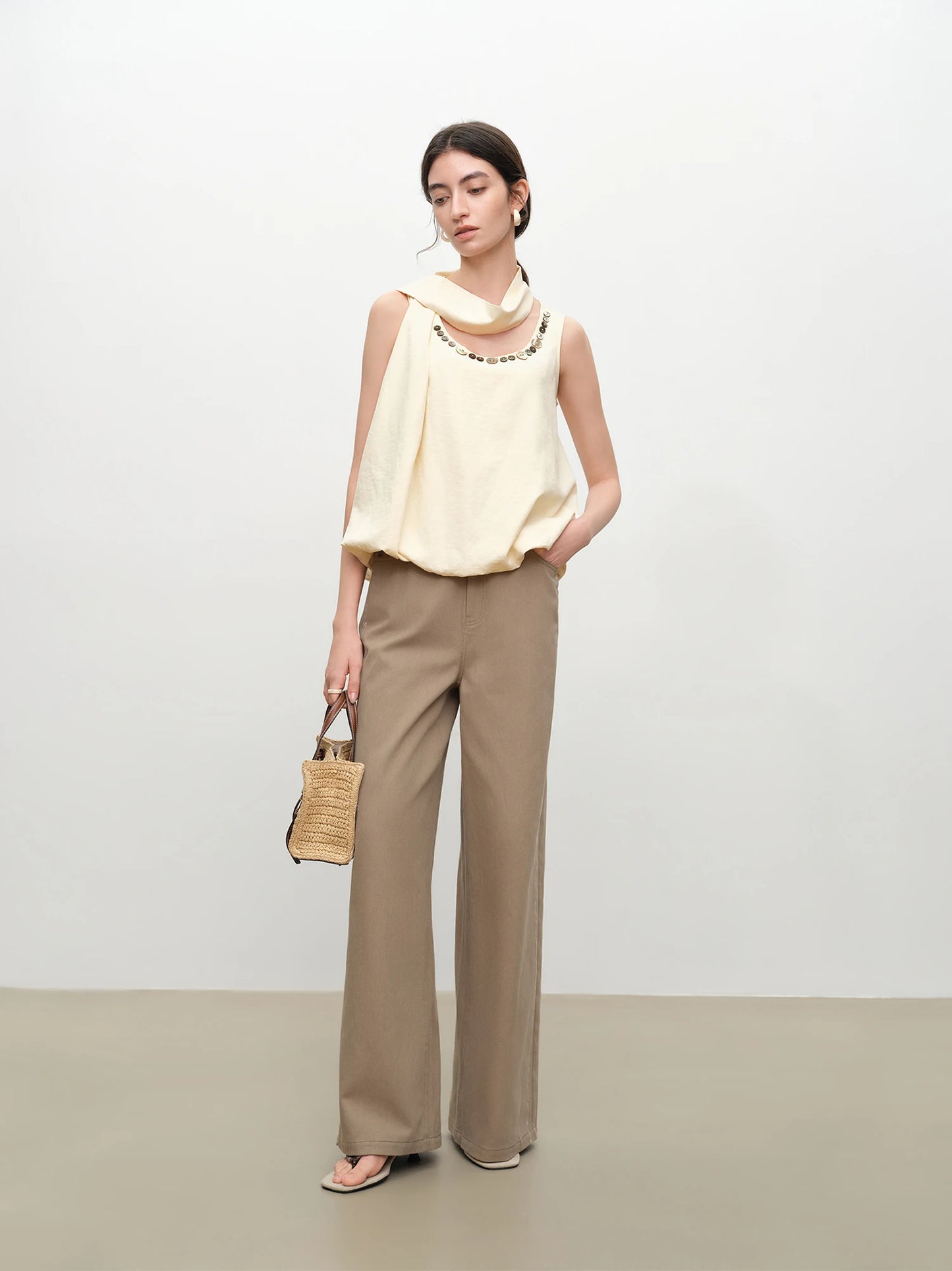 Ivory Beaded Draped Sleeveless Blouse