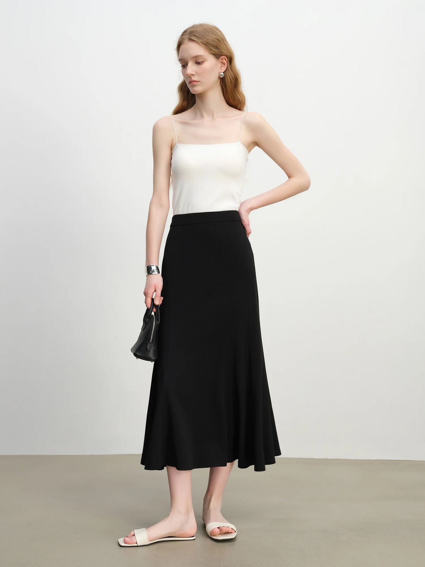 White Fishtail Flared Midi Skirt