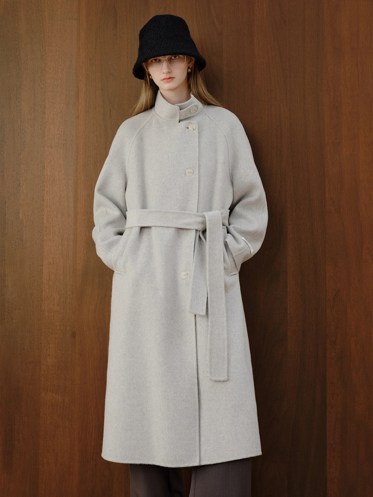 Beige Stand Collar Wool Coat