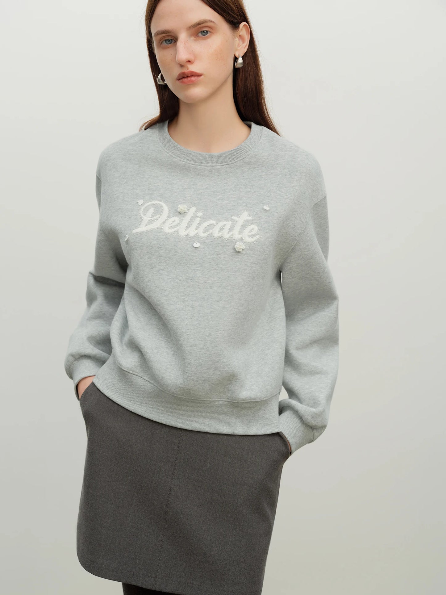 Gray Embroidered Crew Neck Sweatshirt