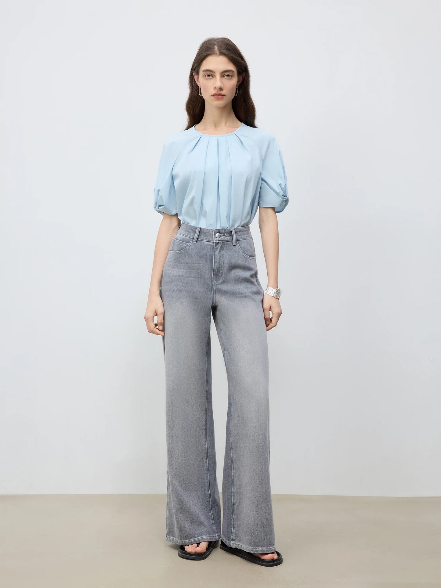 Blue Pleated Puff Sleeve Blouse