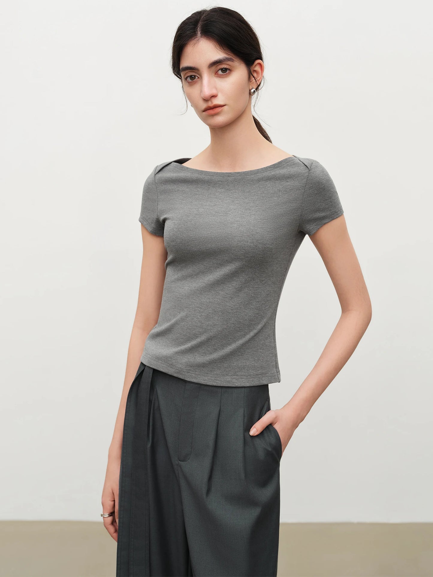Gray Wide Neck Slim Tee