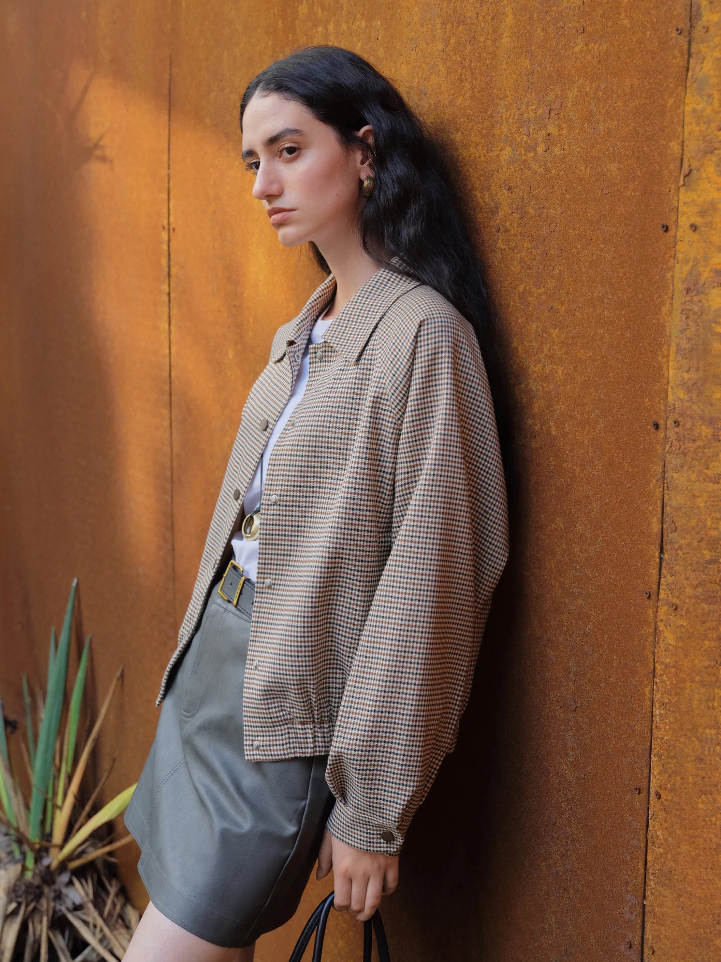 Houndstooth Pleated Hem Jacket