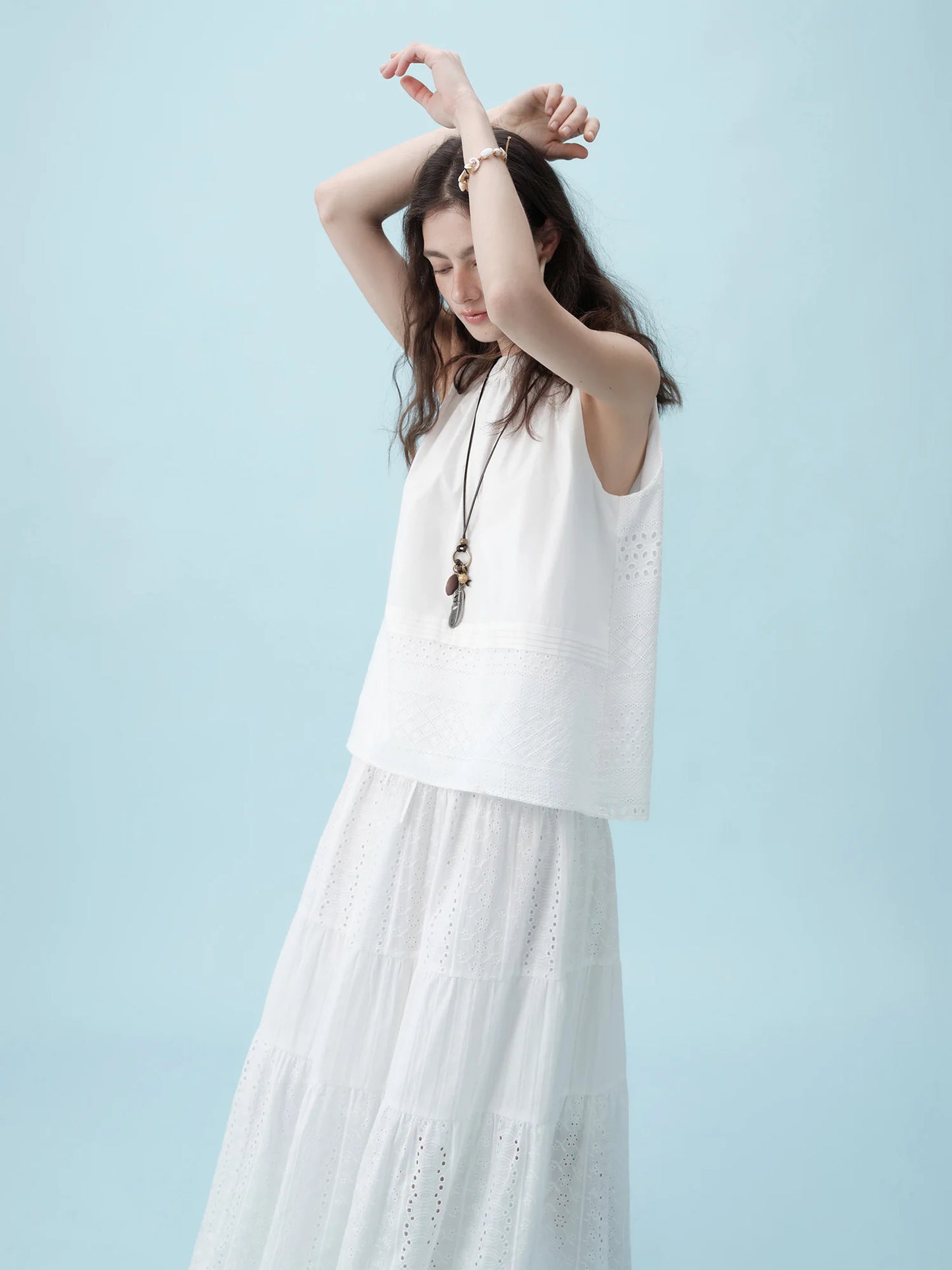 White Sleeveless Tiered Skirt Set