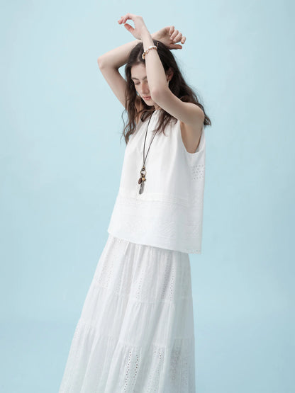 White Sleeveless Tiered Skirt Set