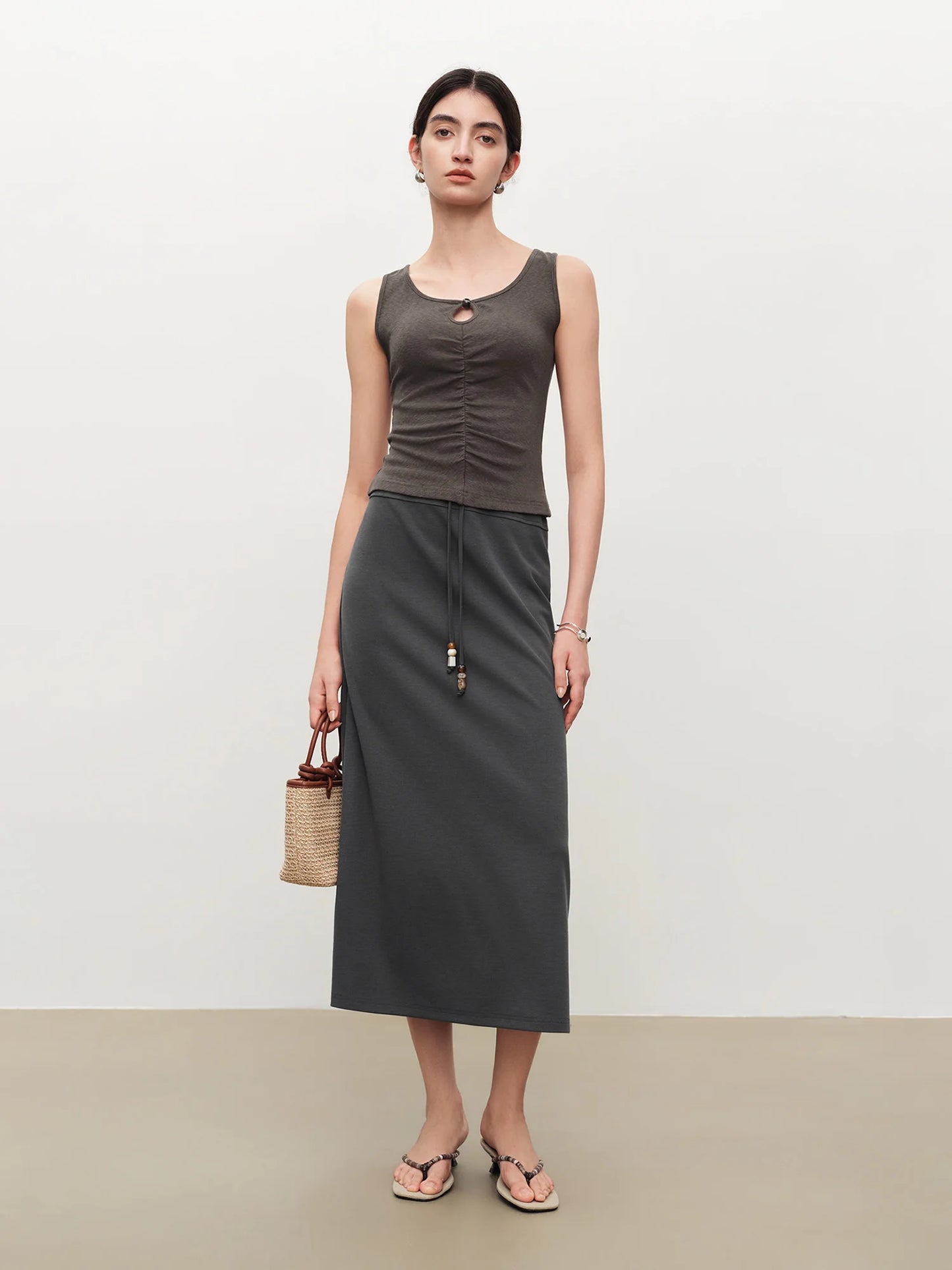 Grey Beaded Drawstring Midi Skirt