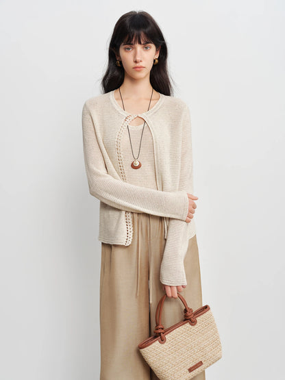 Beige Crochet Trim Cardigan Set