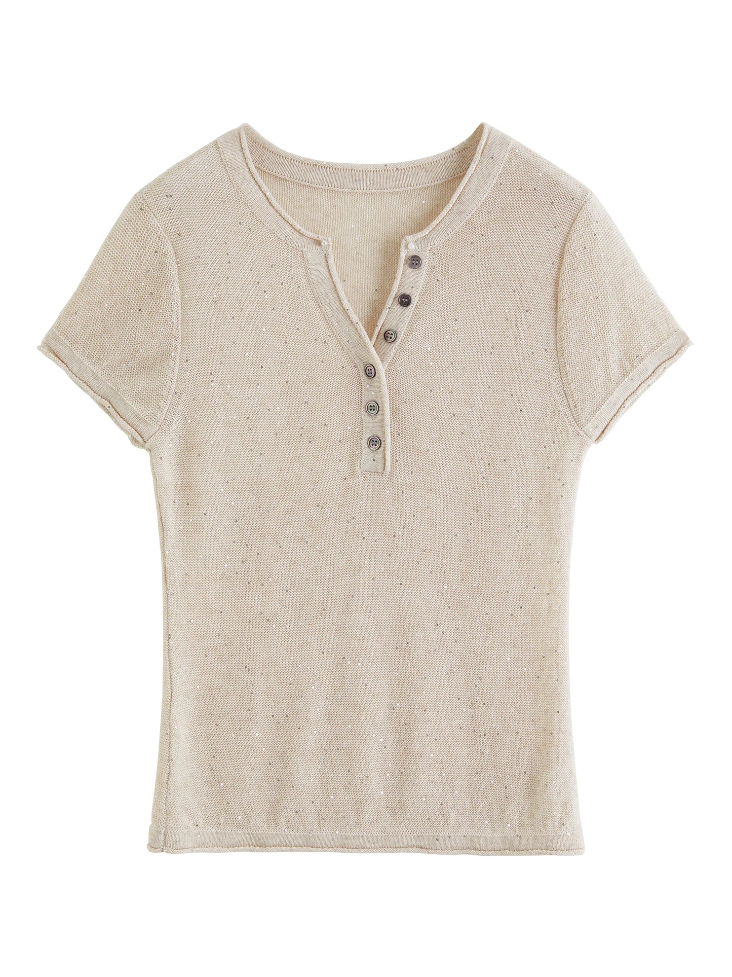 Beige Sequin Knit Henley Top