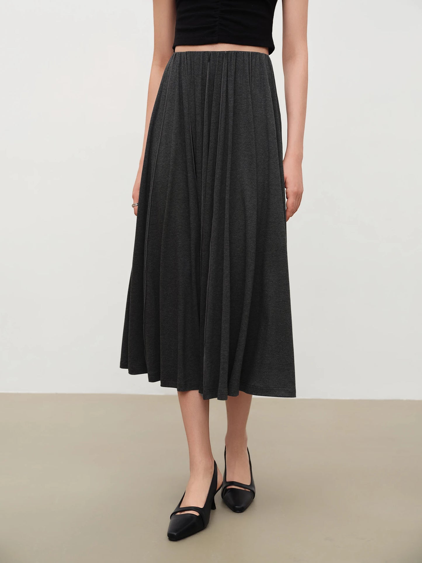 Charcoal Pleated Knit Midi Skirt