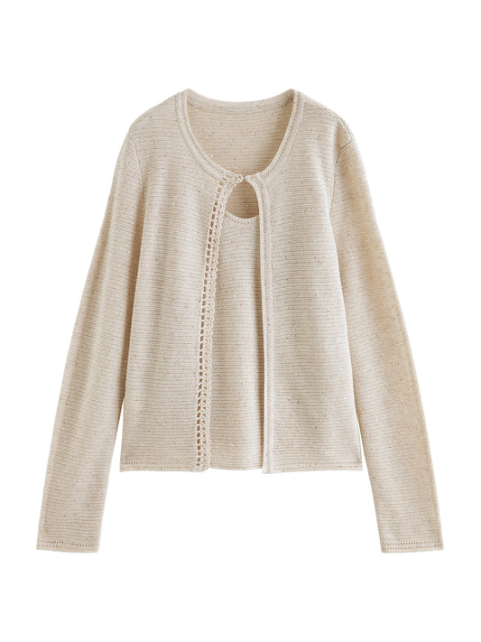 Beige Crochet Trim Cardigan Set