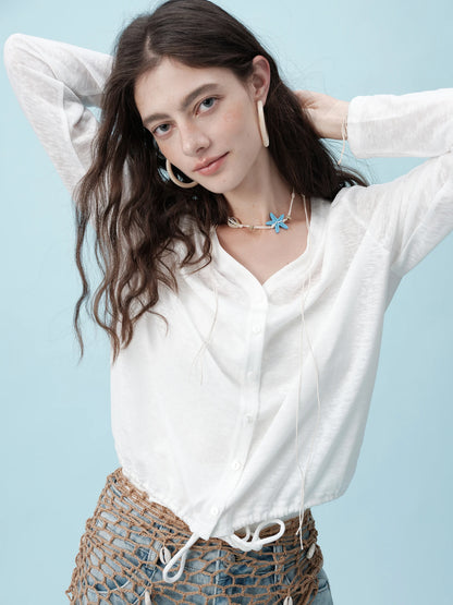 Blue Drawstring Hem Knit Cardigan