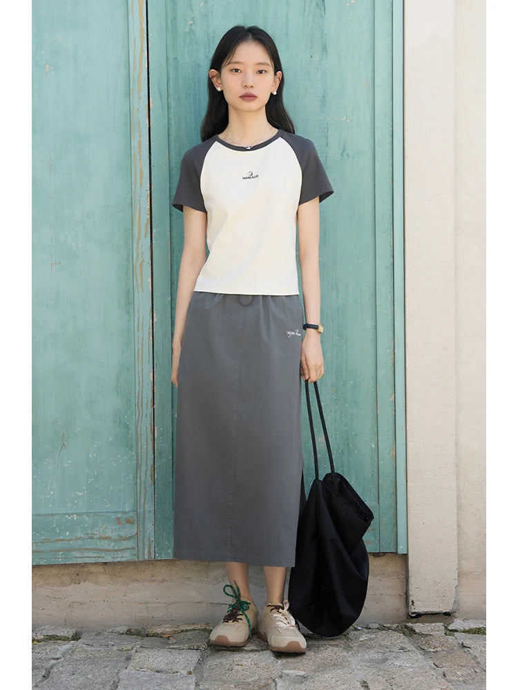 Blue Gray Side Slit Midi Skirt