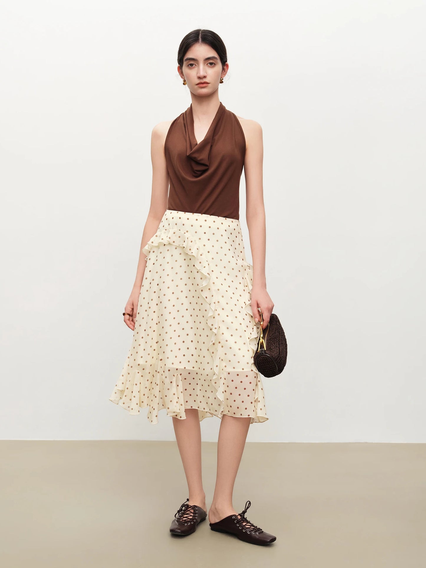 Dot Ruffle Asymmetric Midi Skirt