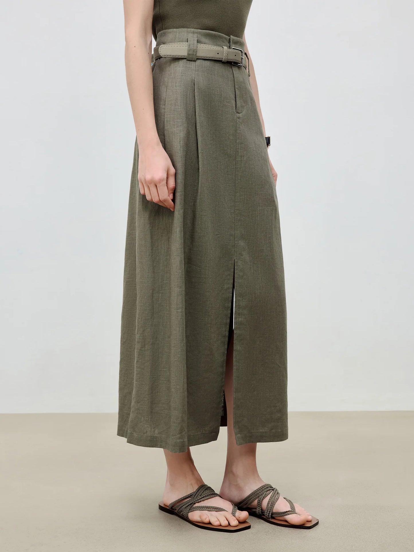 Linen A-Line Vent Hem Midi Skirt