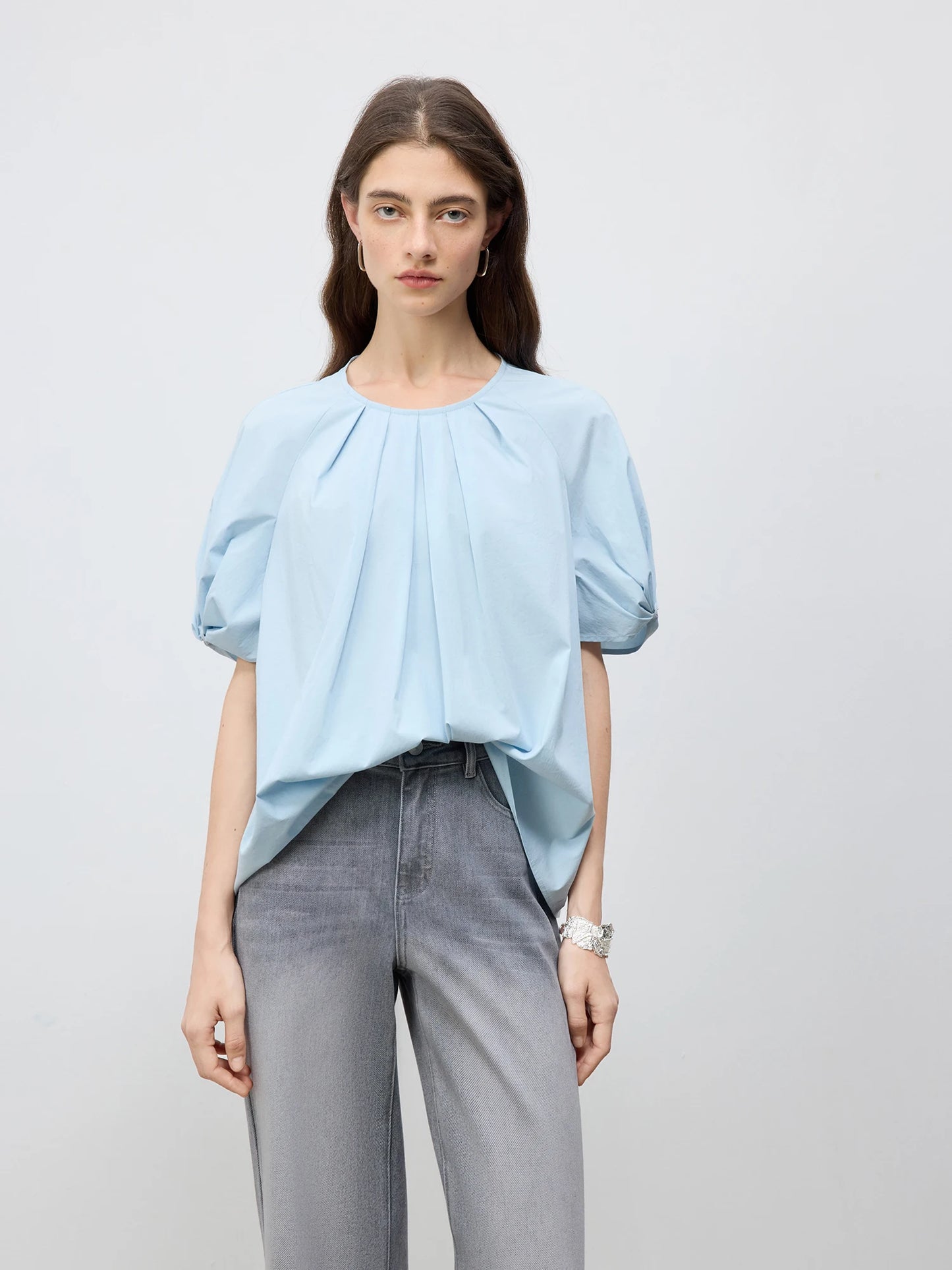 Blue Pleated Puff Sleeve Blouse