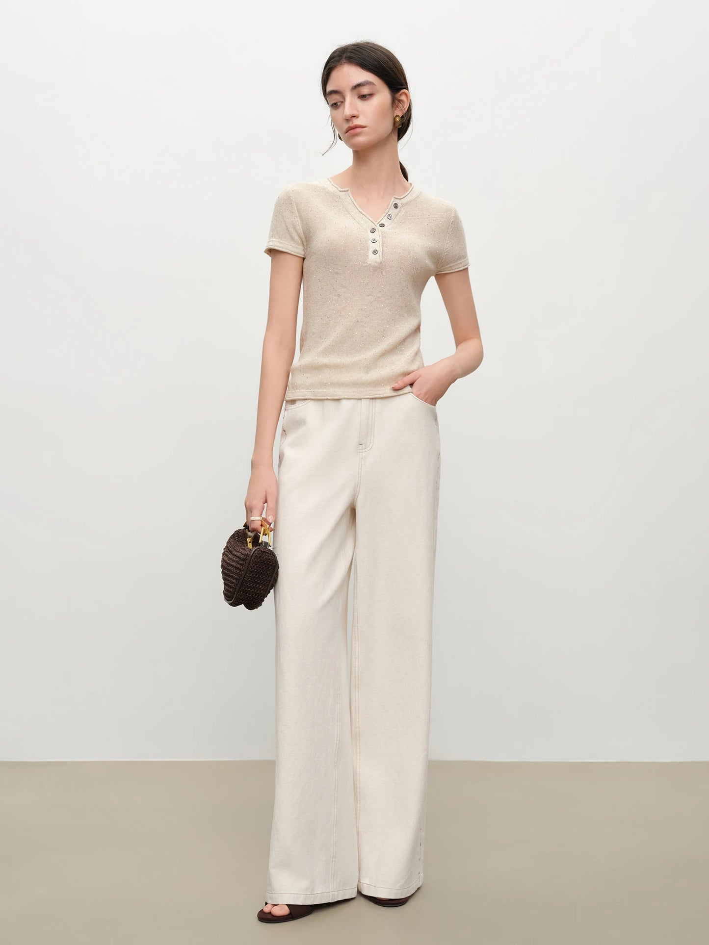 Beige Sequin Knit Henley Top