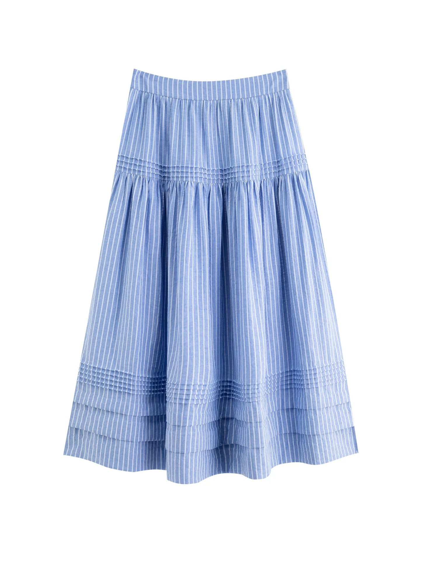 Blue Striped Tiered Midi Skirt