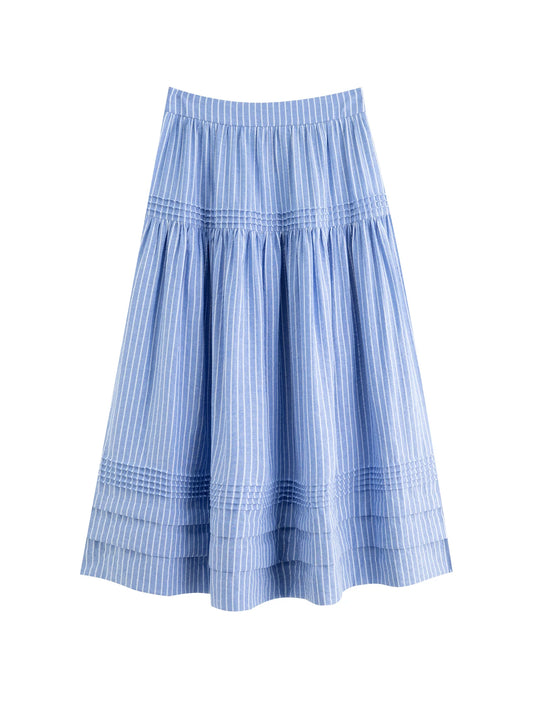 Blue Striped Tiered Midi Skirt