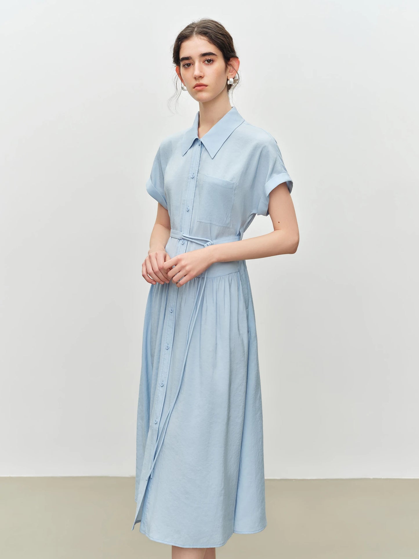 Blue Belted Shirt Midi Dress