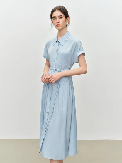 Blue Belted Shirt Midi Dress
