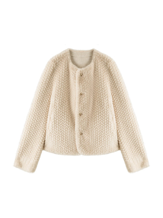 Ivory Textured Faux Fur Jacket