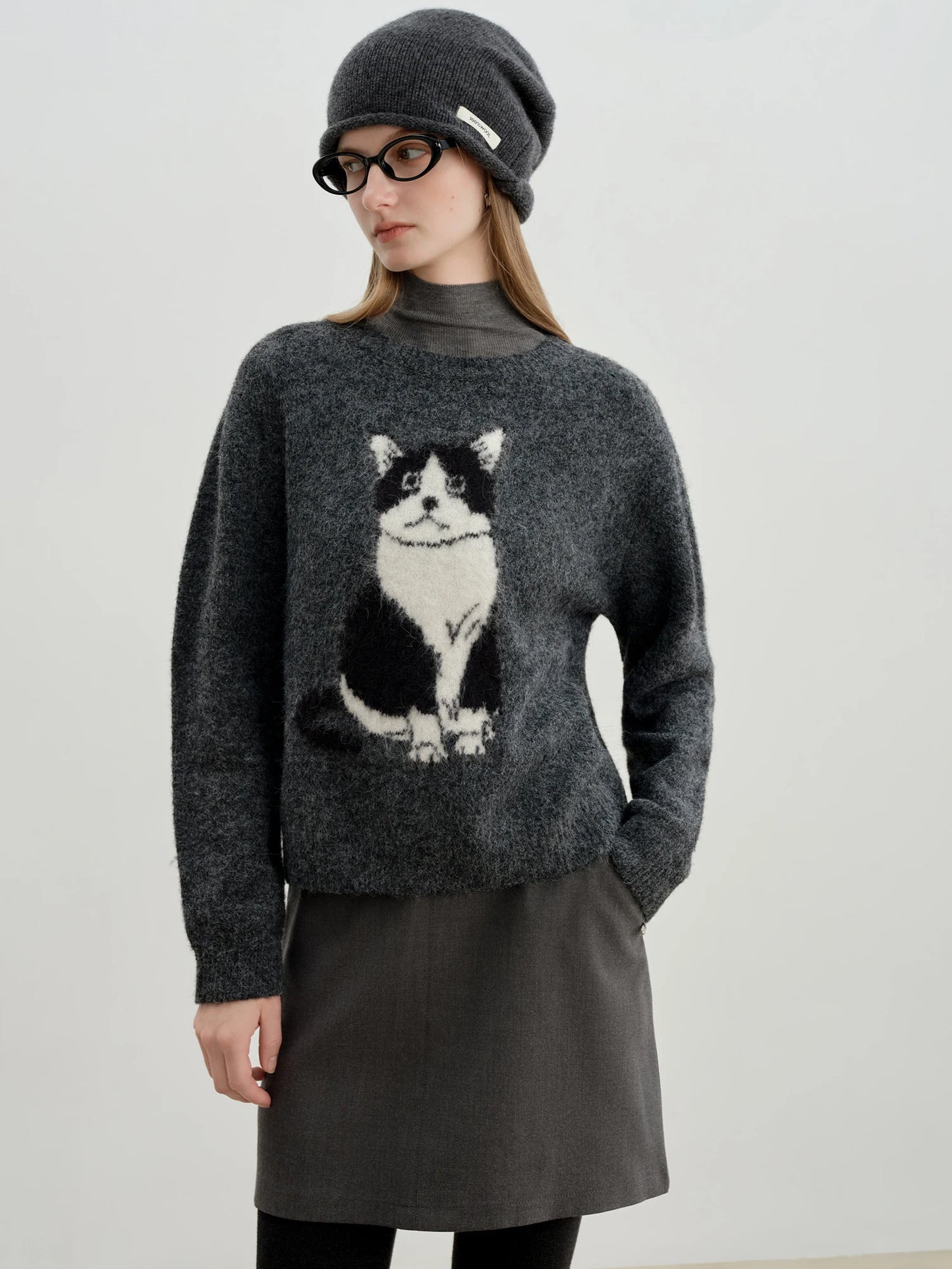 Charcoal Cat Jacquard Crew Sweater