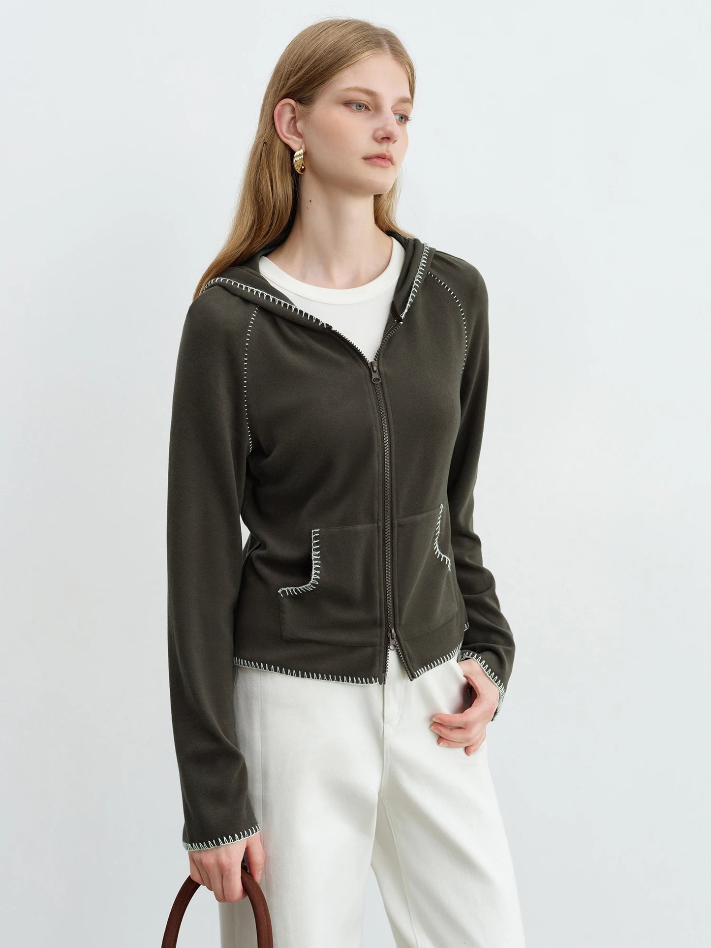 Olive Contrast Stitch Zip Hoodie