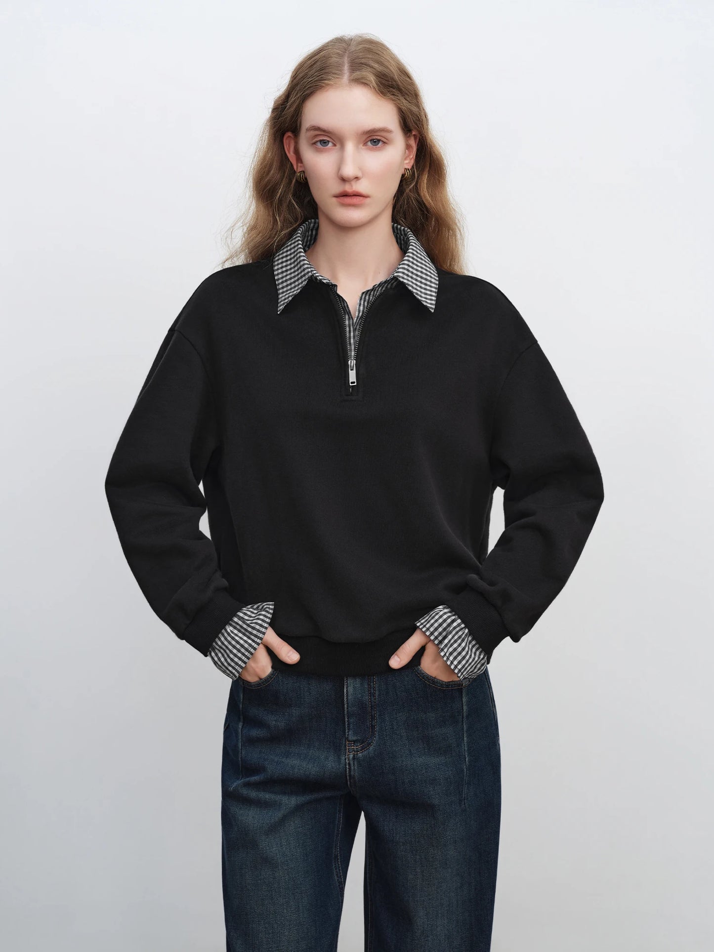 Black Plaid Collar Layered Sweatshirt