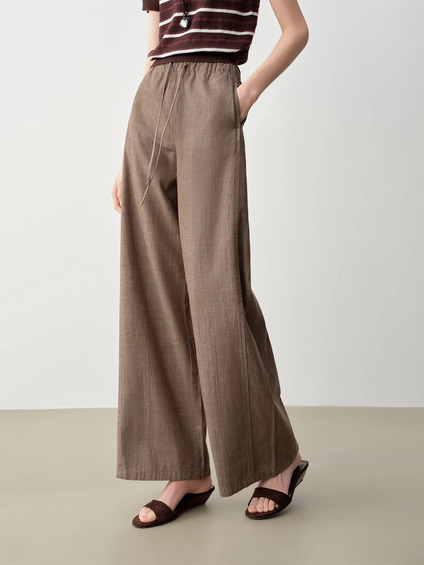 Brown Linen Drawstring Wide Pants