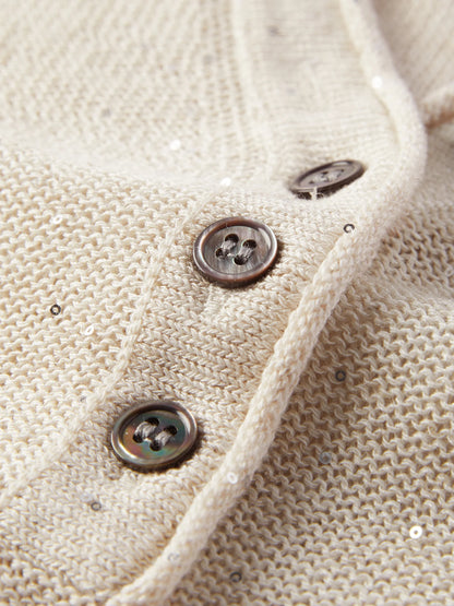 Beige Sequin Knit Henley Top