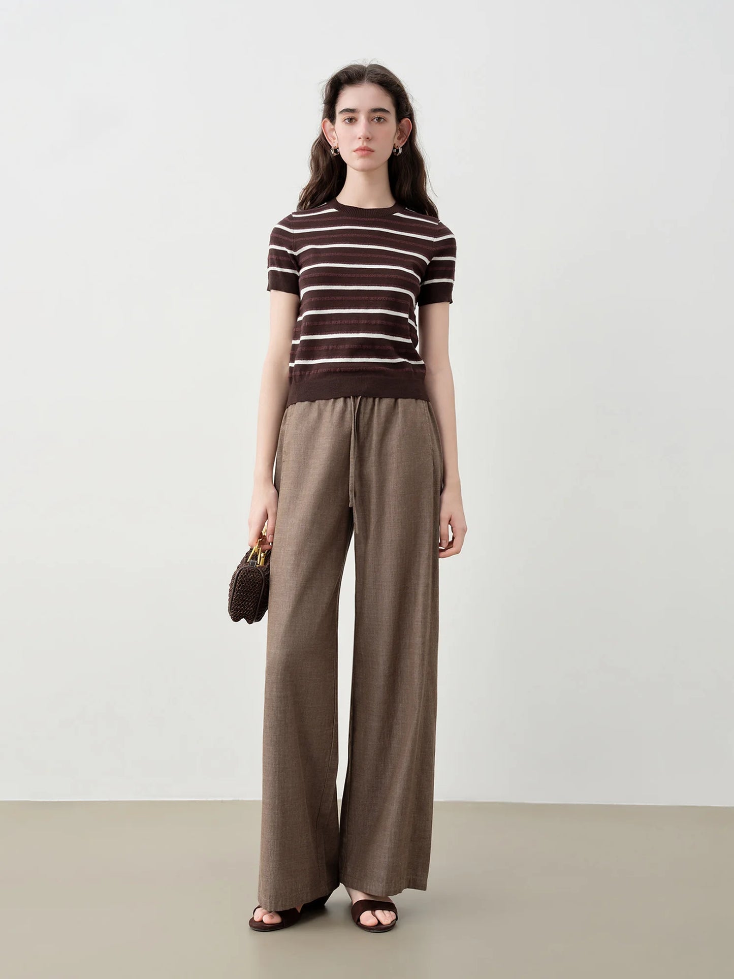 Brown Linen Drawstring Wide Pants