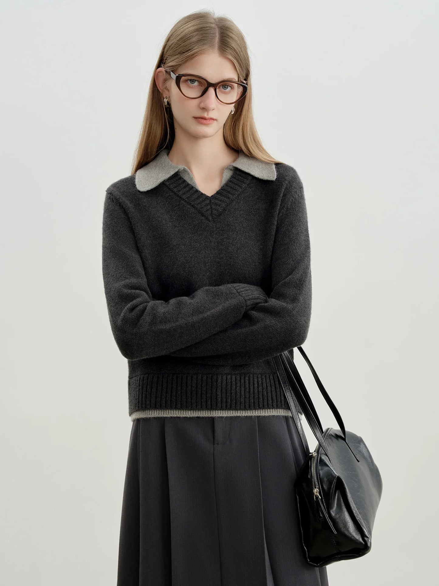 Black Contrast Collar Knit Sweater