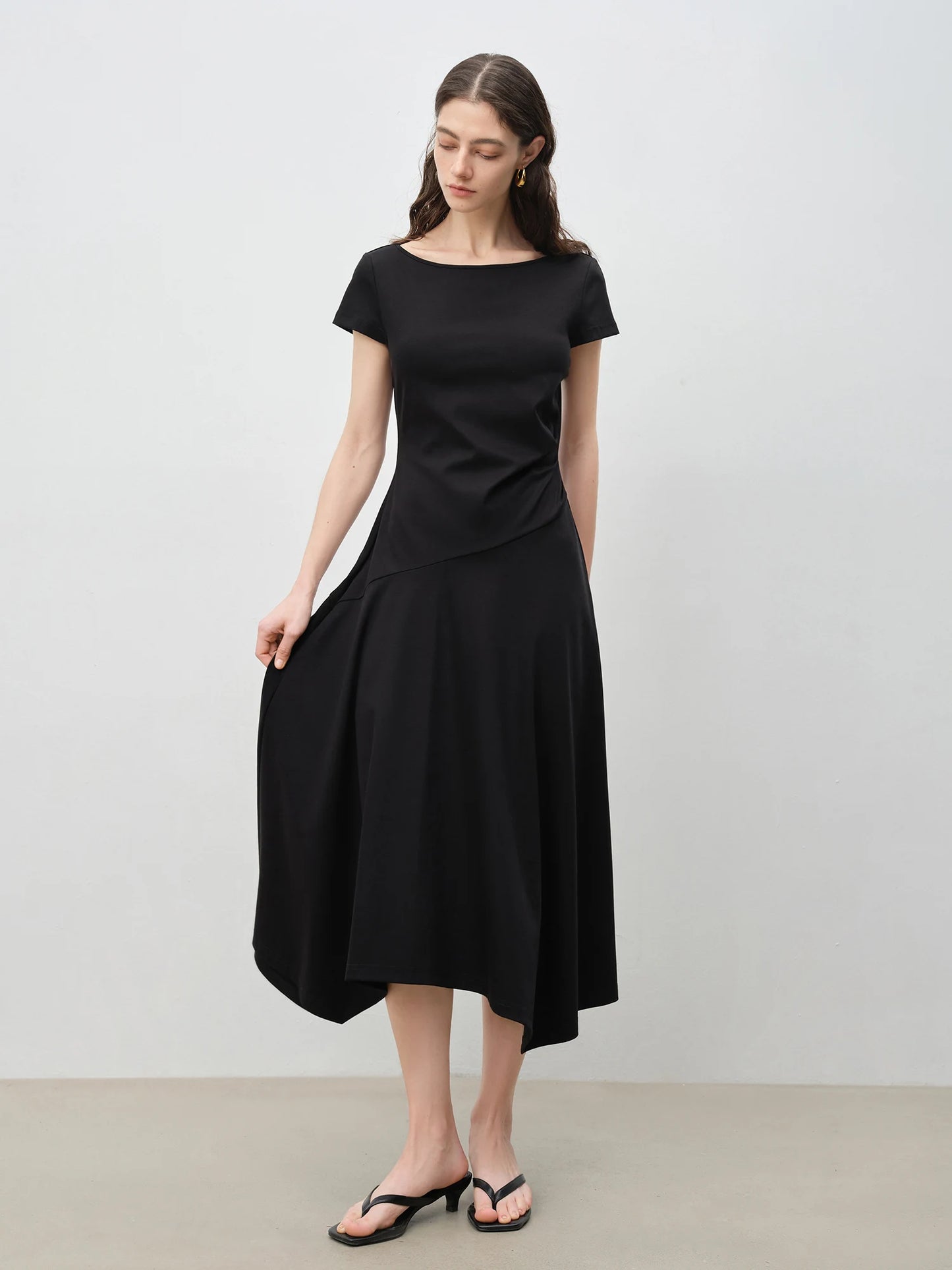 Black Asymmetric Draped Midi Dress