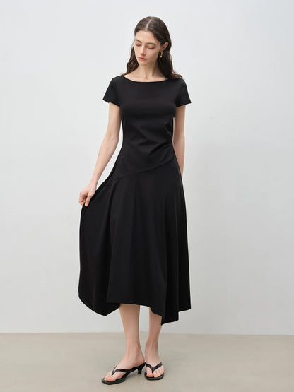 Black Asymmetric Draped Midi Dress