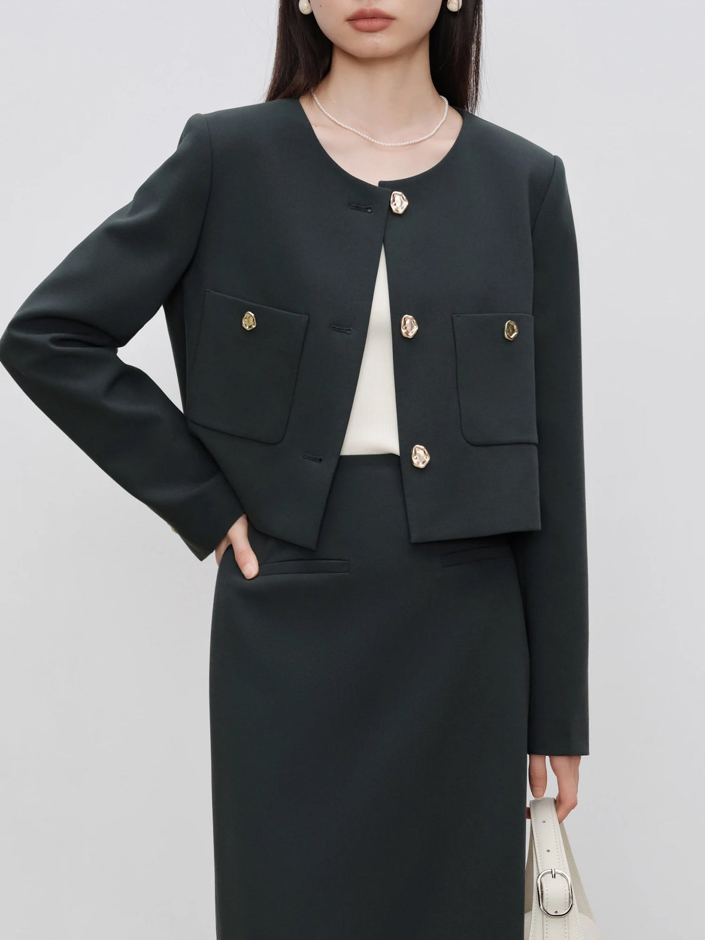 Black Collarless Jacket Skirt Set