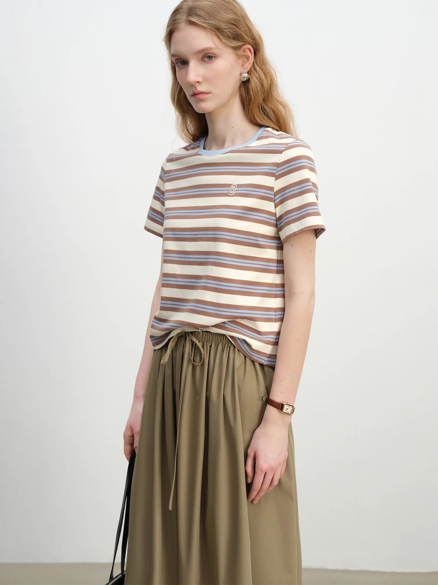 Brown Blue Striped Crew Neck Tee