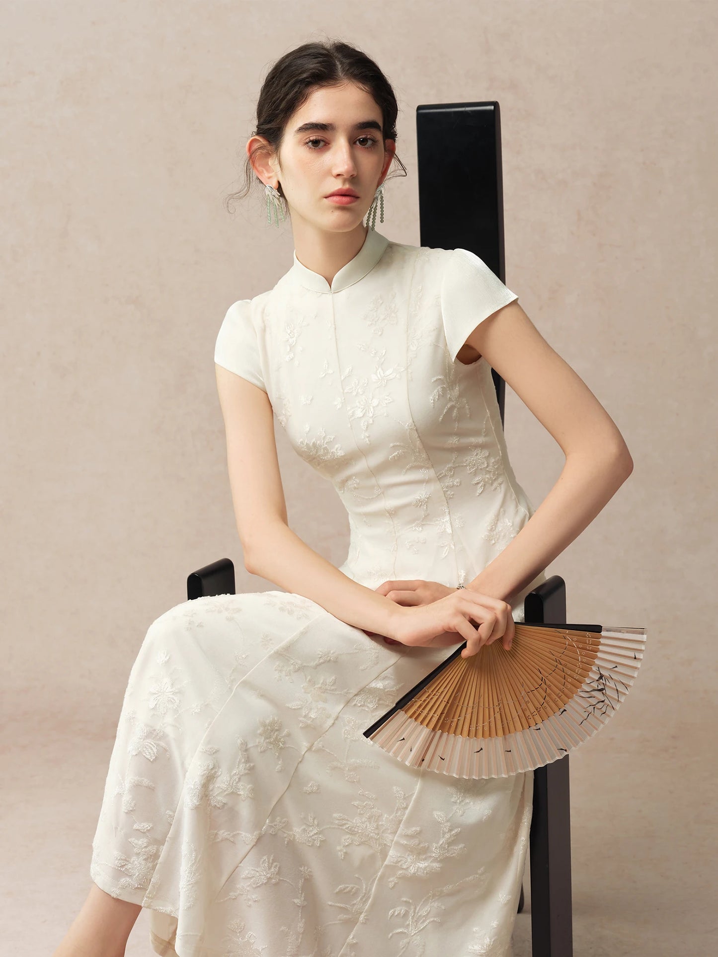 Ivory Jacquard Qipao Midi Dress