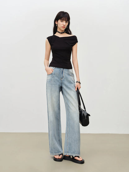 Light Blue Rhinestone Wide Jeans
